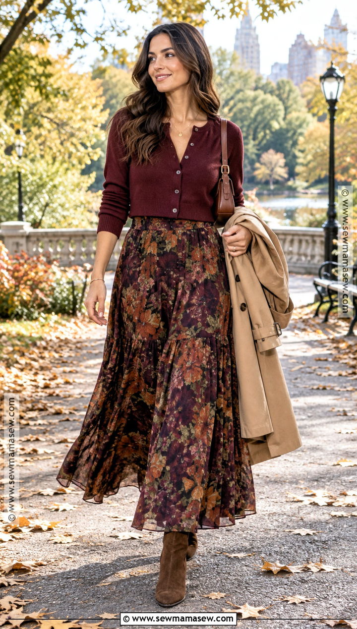 Floral Maxi Skirt With Cardigan And Suede Boots - 15 maxi skirt outfit fall ideas 2026