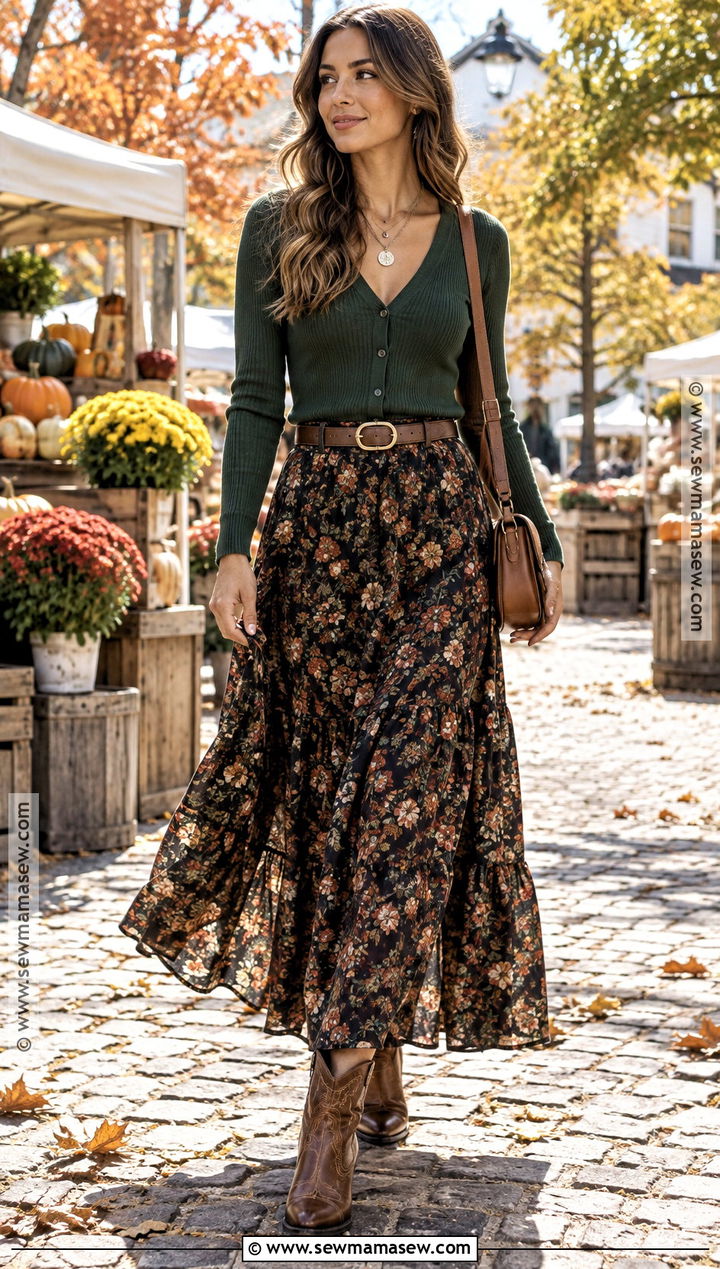 Floral Maxi Skirt With Cardigan And Western Boots - 25 maxi skirt fall outfit ideas