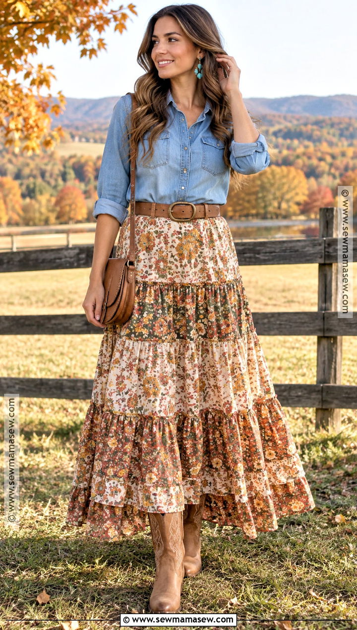 Floral Maxi Skirt With Chambray Shirt And Cowboy Boots - 15 Autumn Outfit With Floral Skirt And Boots