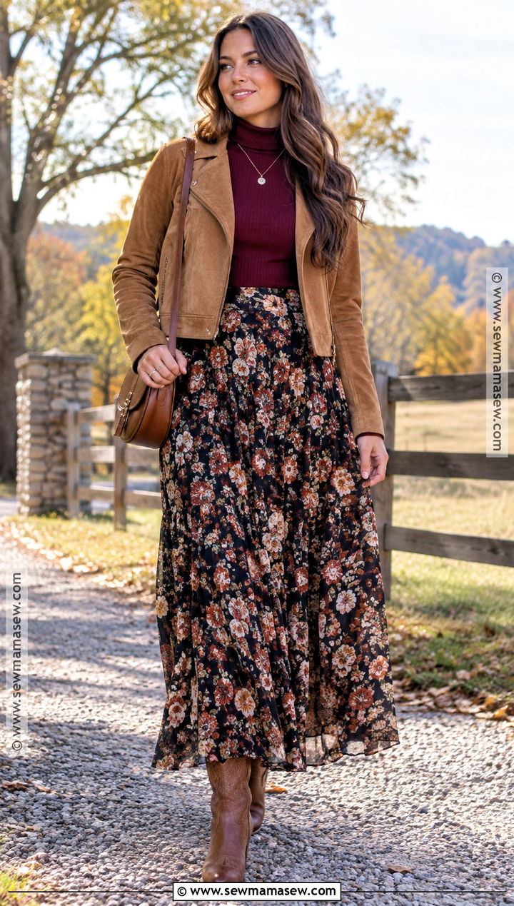 Floral Maxi Skirt With Cowboy Boots - 15 fall maxi skirt outfits with boots