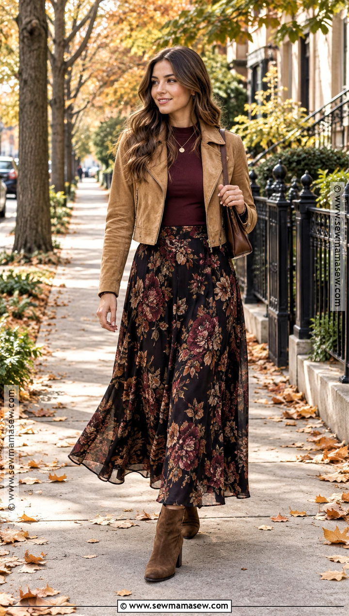 Floral Maxi Skirt With Cropped Jacket And Ankle Boots - 20 fall skirts outfits