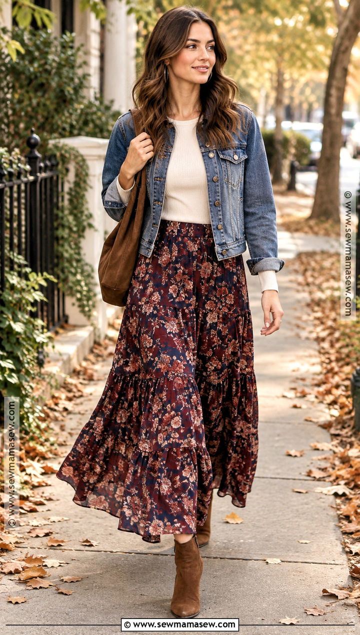 Floral Maxi Skirt With Denim Jacket - 25 autumn outfits skirt
