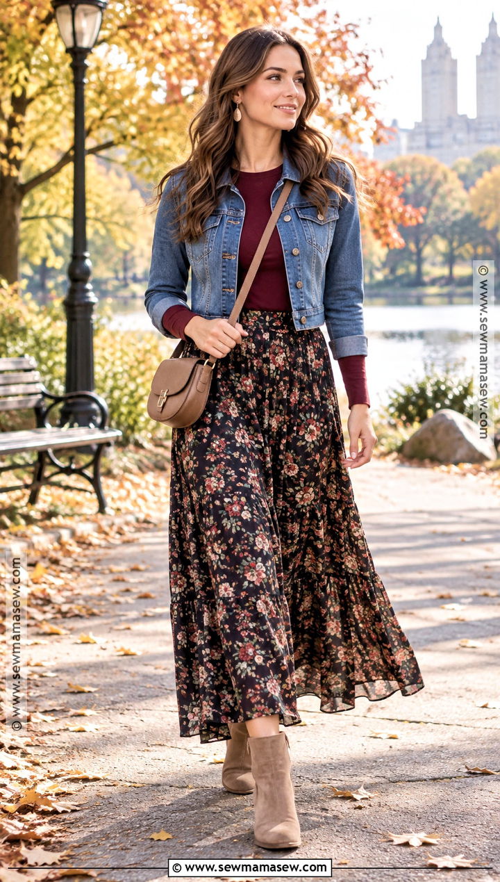 Floral Maxi Skirt With Denim Jacket And Ankle Boots - 25 skirt outfits fall