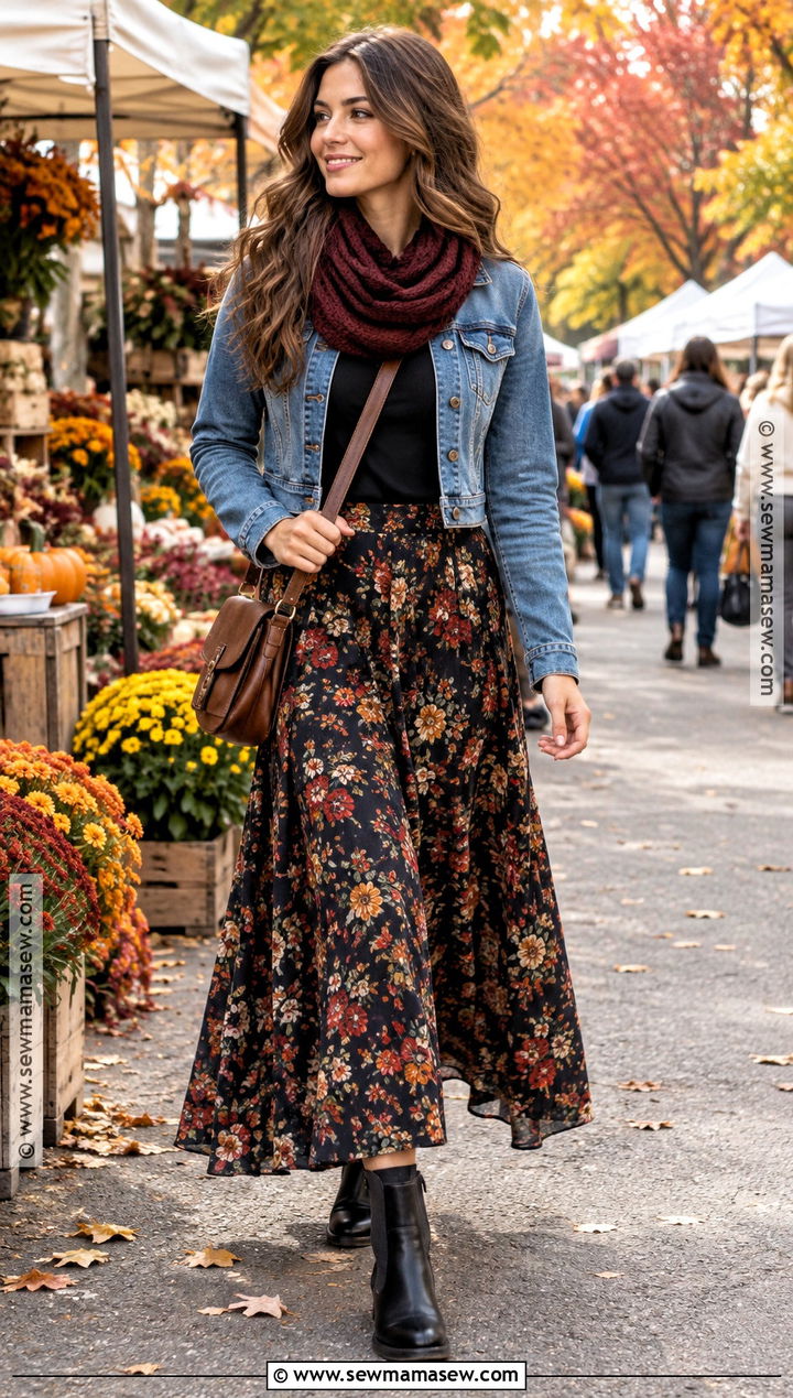 Floral Maxi Skirt With Denim Jacket And Chelsea Boots - 20 maxi skirt outfit autumn ideas