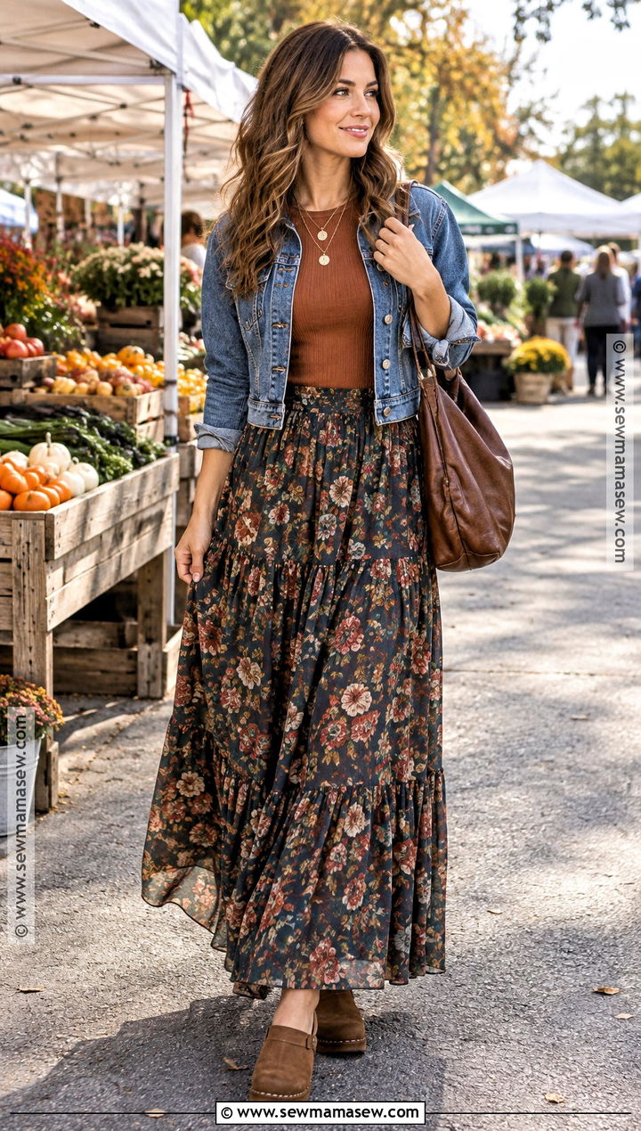 Floral Maxi Skirt With Denim Jacket And Clogs - 15 Fall Fashion Skirt Style Ideas