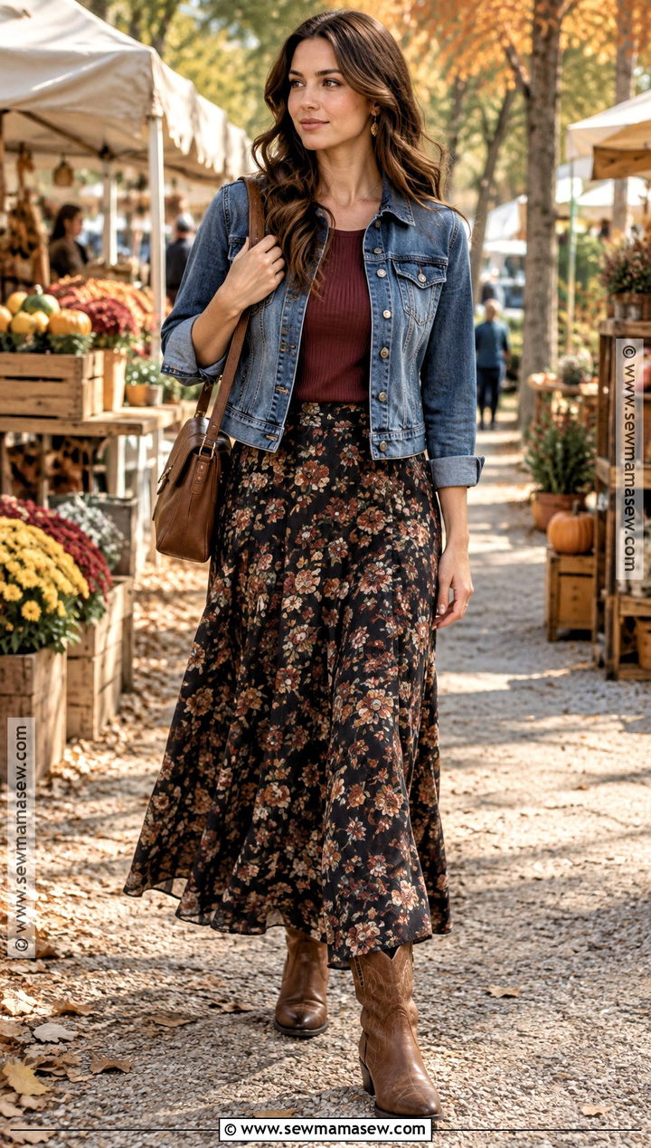 Floral Maxi Skirt With Denim Jacket And Cowboy Boots - 20 fall fits skirt