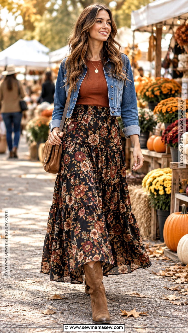Floral Maxi Skirt With Denim Jacket And Western Boots - 20 maxi skirt autumn outfit ideas