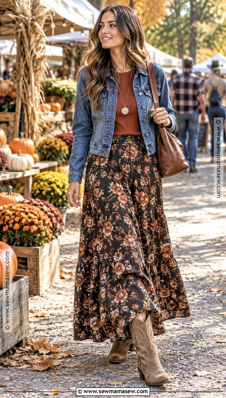 Floral Maxi Skirt With Denim Jacket And Western Boots - 25 fall maxi skirt outfits