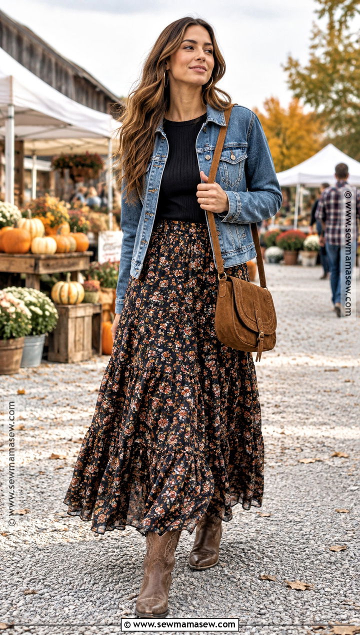 Floral Maxi Skirt With Denim Jacket And Western Boots - 20 fall outfits maxi skirt