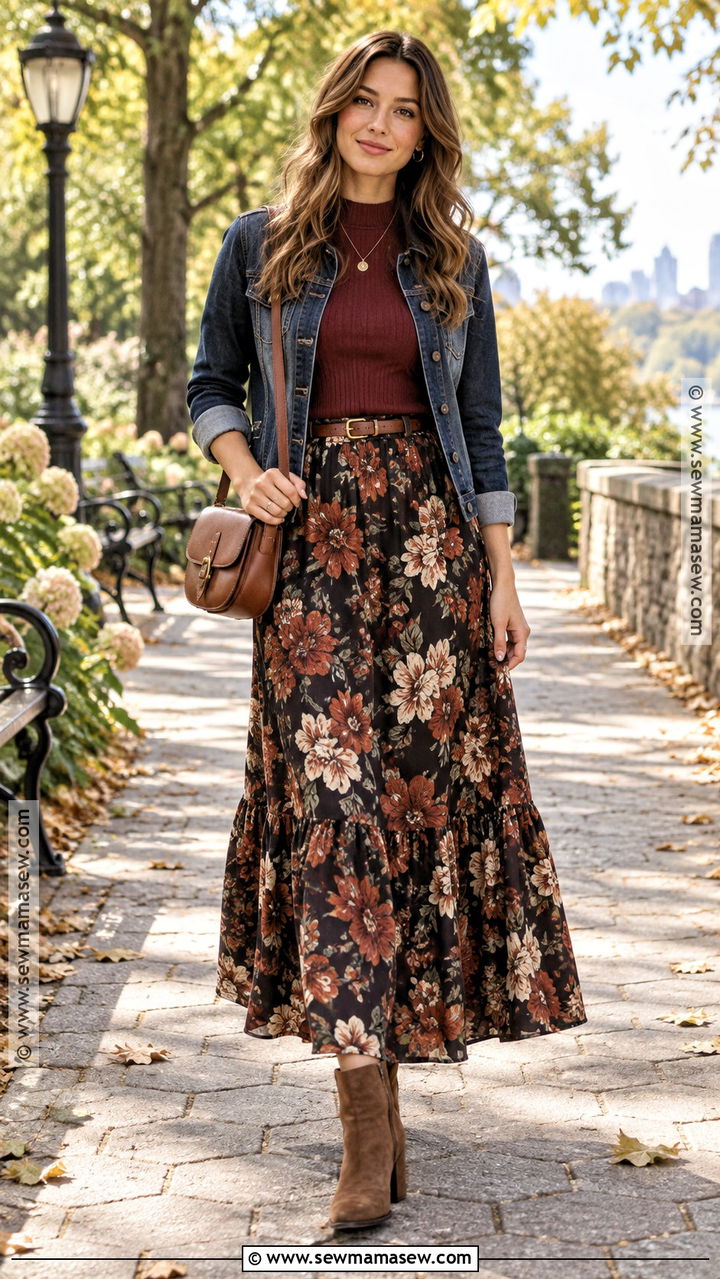 Floral Maxi Skirt With Denim Jacket - 20 fall fashion skirts