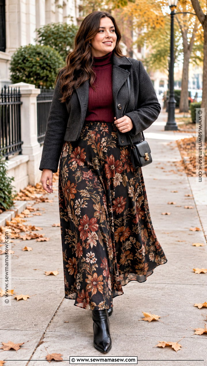 Floral Maxi Skirt With Fitted Turtleneck - 15 Autumn Floral Clothing Ideas