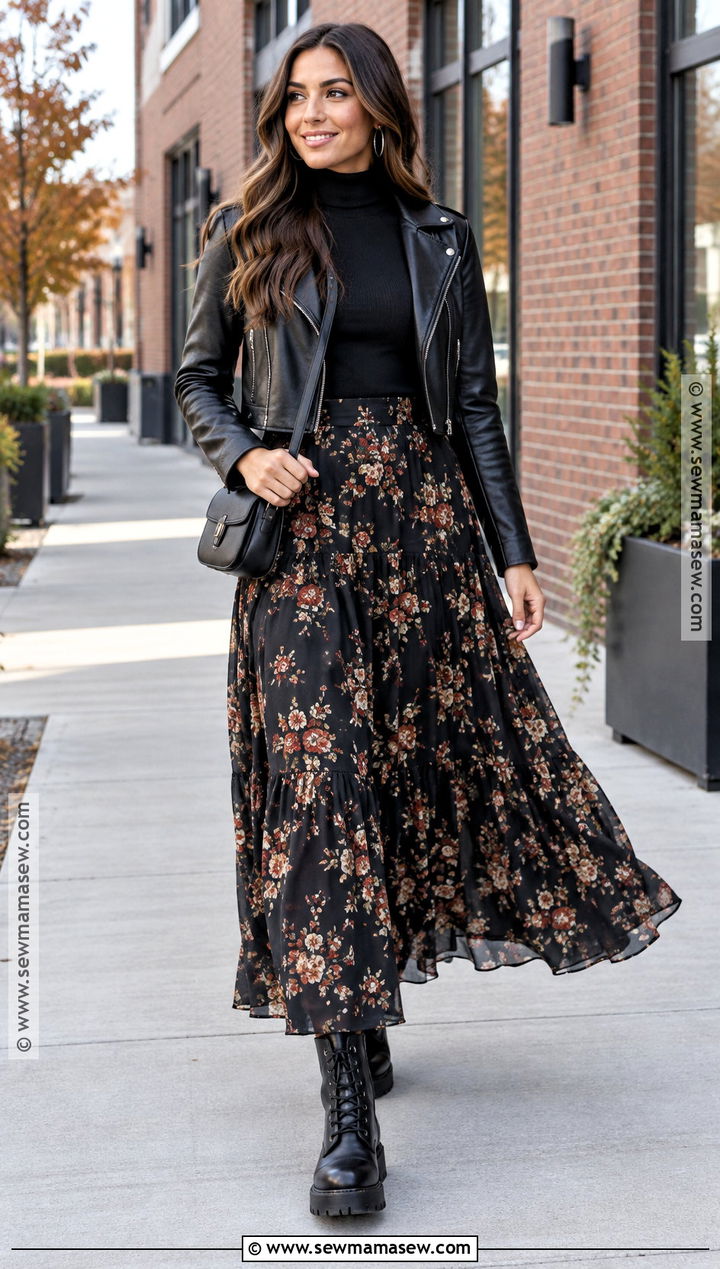 Floral Maxi Skirt With Leather Jacket And Combat Boots - 20 fall outfit long skirt ideas