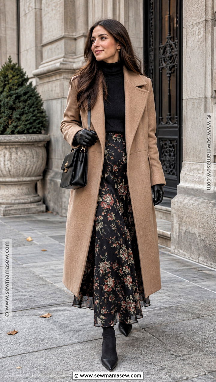 Floral Maxi Skirt With Long Coat And Sock Boots - 15 Autumn Outfit With Floral Skirt And Boots