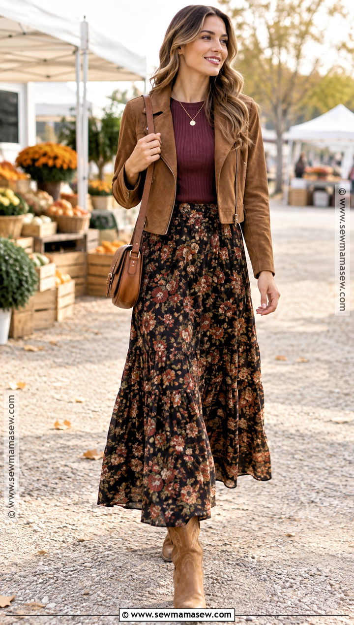 Floral Maxi Skirt With Western Boots - 15 fall skirts outfits with boots