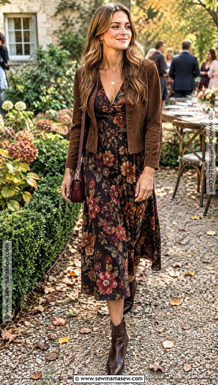 Floral Midi Dress And Ankle Boots Birthday Outfit - 15 Fall Bday Party Outfits