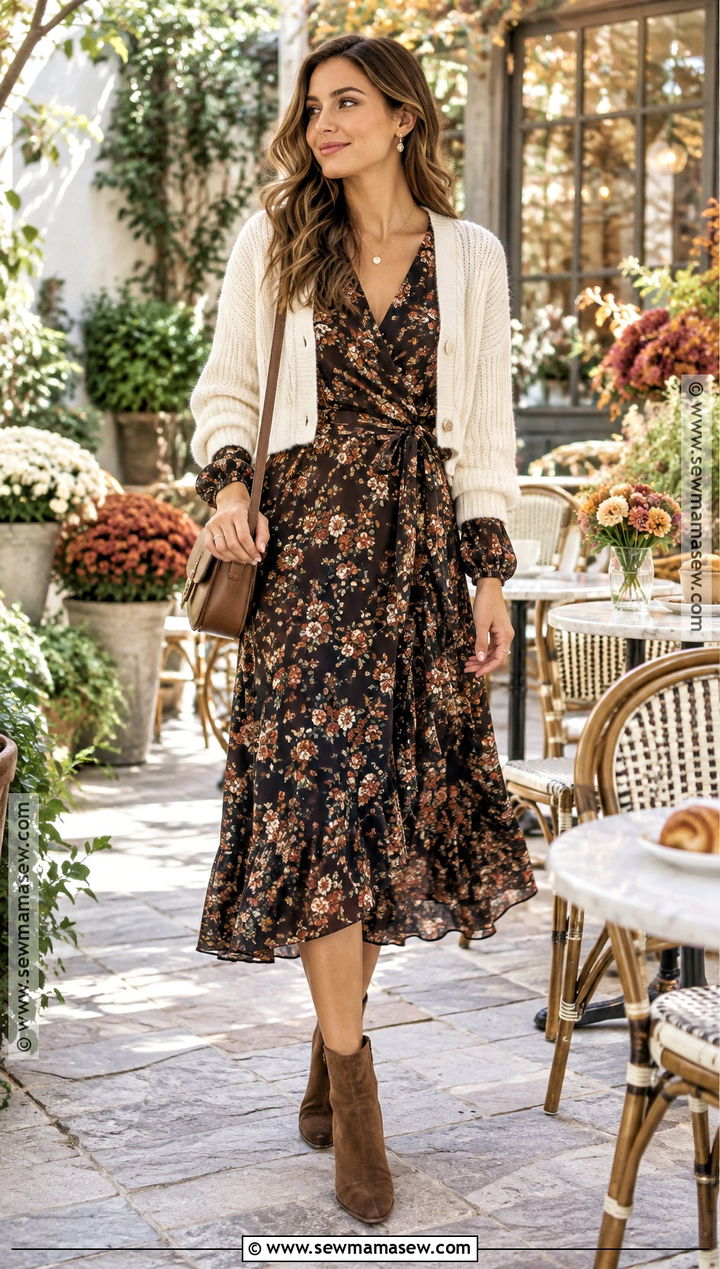Floral Midi Dress And Ankle Boots Brunch Outfit - 25 brunch outfit autumn ideas