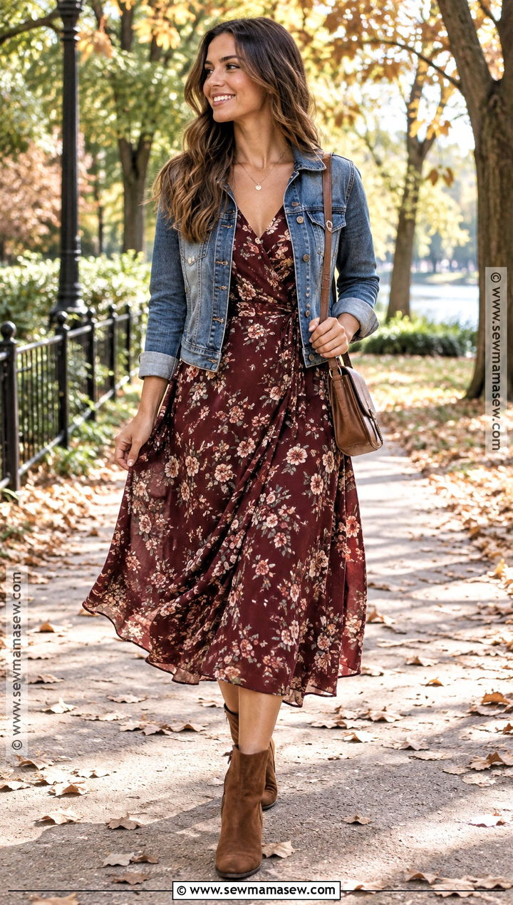 Floral Midi Dress And Ankle Boots Fall Outfit - 20 Fall Outfits For Mid Size for Women