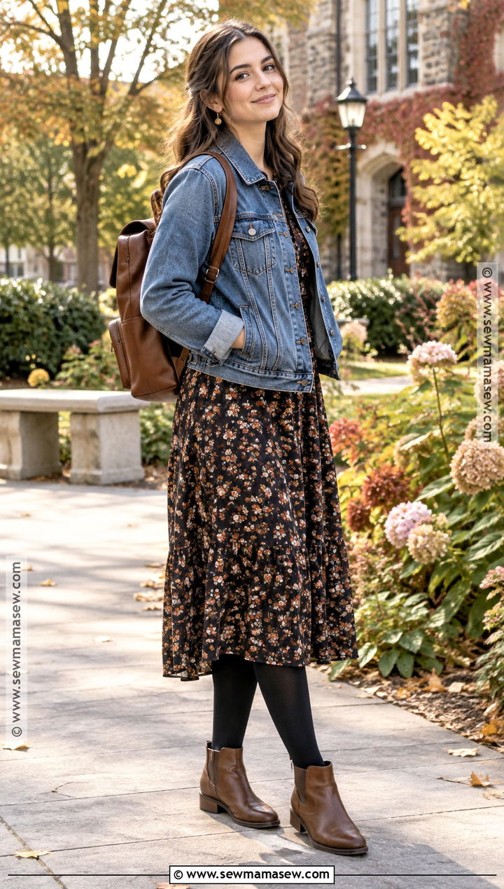 Floral Midi Dress And Ankle Boots Fall School Outfit - 30 fall outfits for school