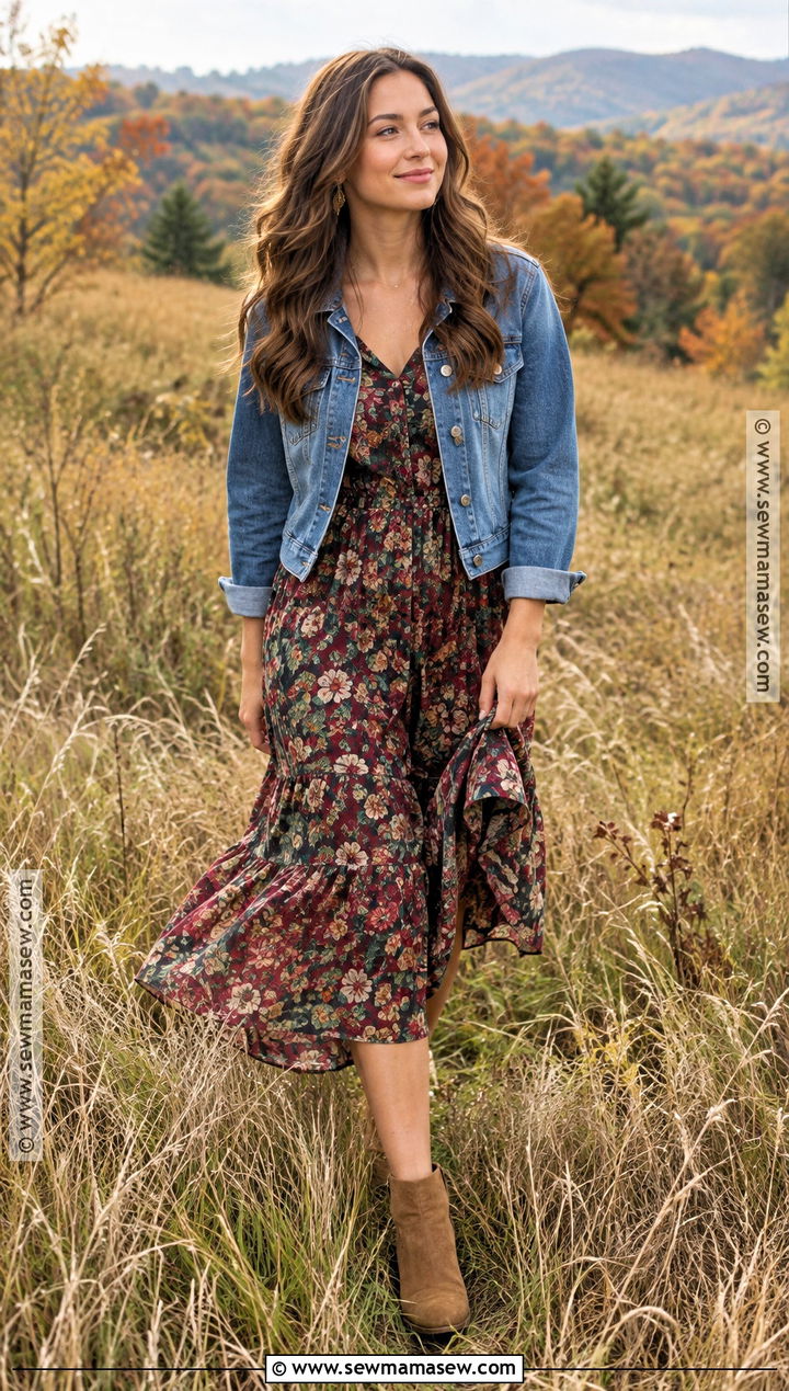 Floral Midi Dress And Ankle Boots Fall Senior Pictures Outfit - 25 fall senior pictures outfits