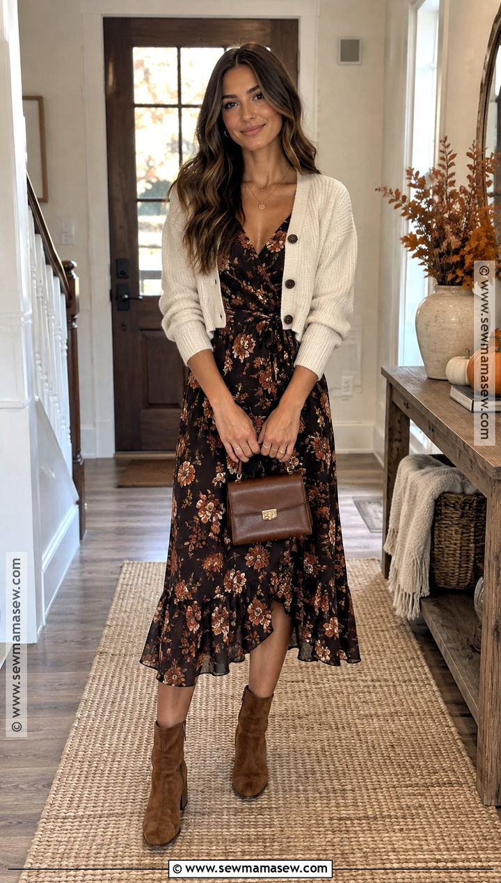 Floral Midi Dress And Ankle Boots Friendsgiving Outfit - 25 friendsgiving outfits