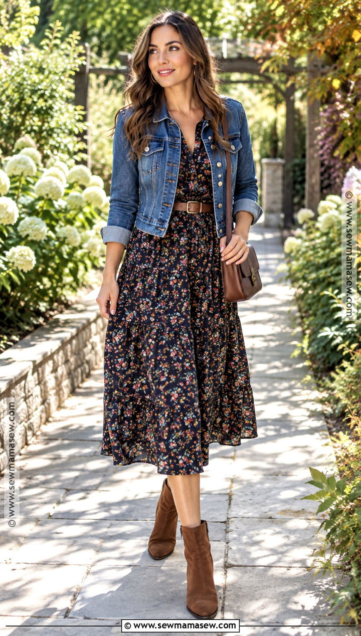 Floral Midi Dress And Ankle Boots Outfit - 20 september fashion ideas