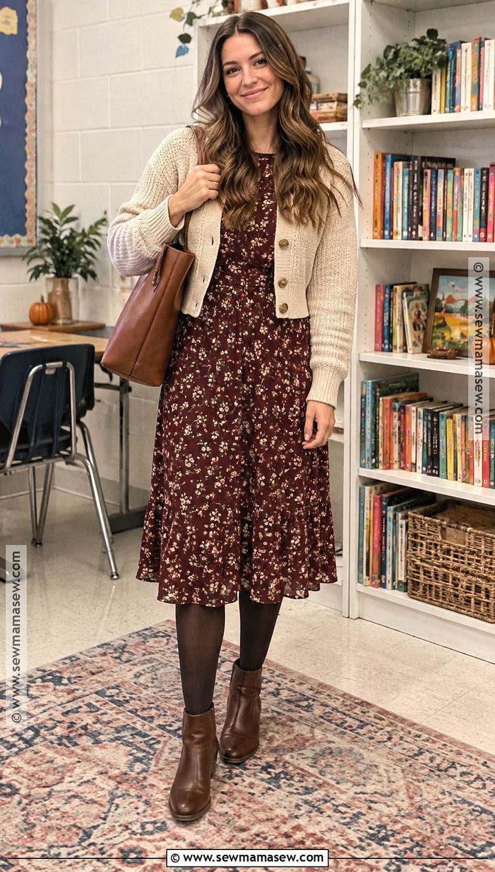 Floral Midi Dress And Ankle Boots Teacher Fall Outfit - 25 teacher fall outfits