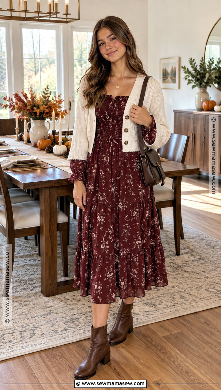 Floral Midi Dress And Ankle Boots Thanksgiving Outfit - 20 Thanksgiving Outfit Teen Ideas for Girls