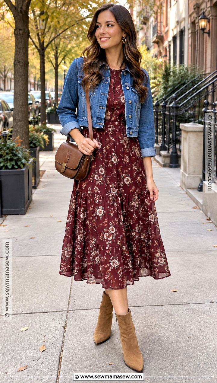 Floral Midi Dress And Ankle Boots - 20 fall dress and boots outfit