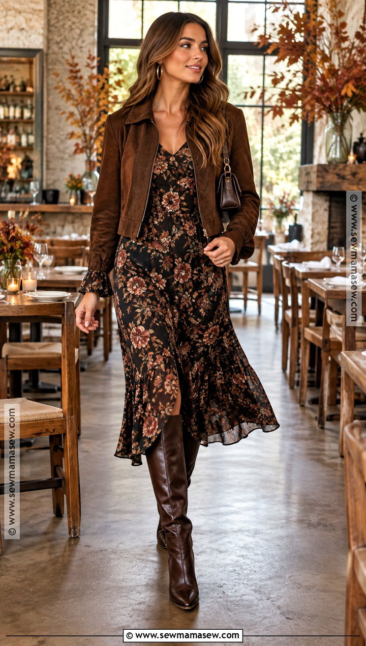 Floral Midi Dress And Boots Fall Dinner Party Outfit - 25 fall dinner party outfit ideas