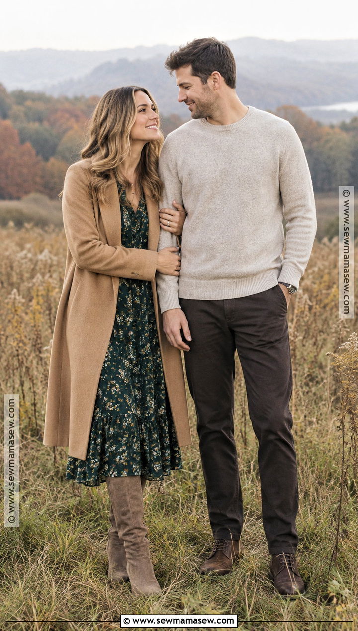 Floral Midi Dress And Boots Fall Engagement Photo Outfit - 25 fall engagement photos outfits