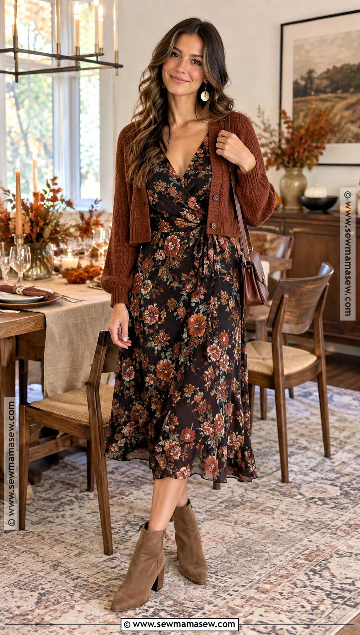 Floral Midi Dress And Boots Friendsgiving Outfit - 20 friendsgiving outfit inspo ideas