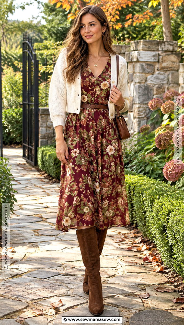 Floral Midi Dress And Brown Knee High Boots Outfit - 20 fall brown boots outfit