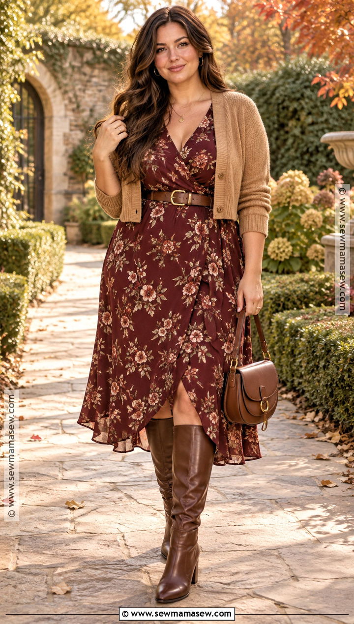 Floral Midi Dress And Brown Knee High Boots - 25 knee high boots outfit fall