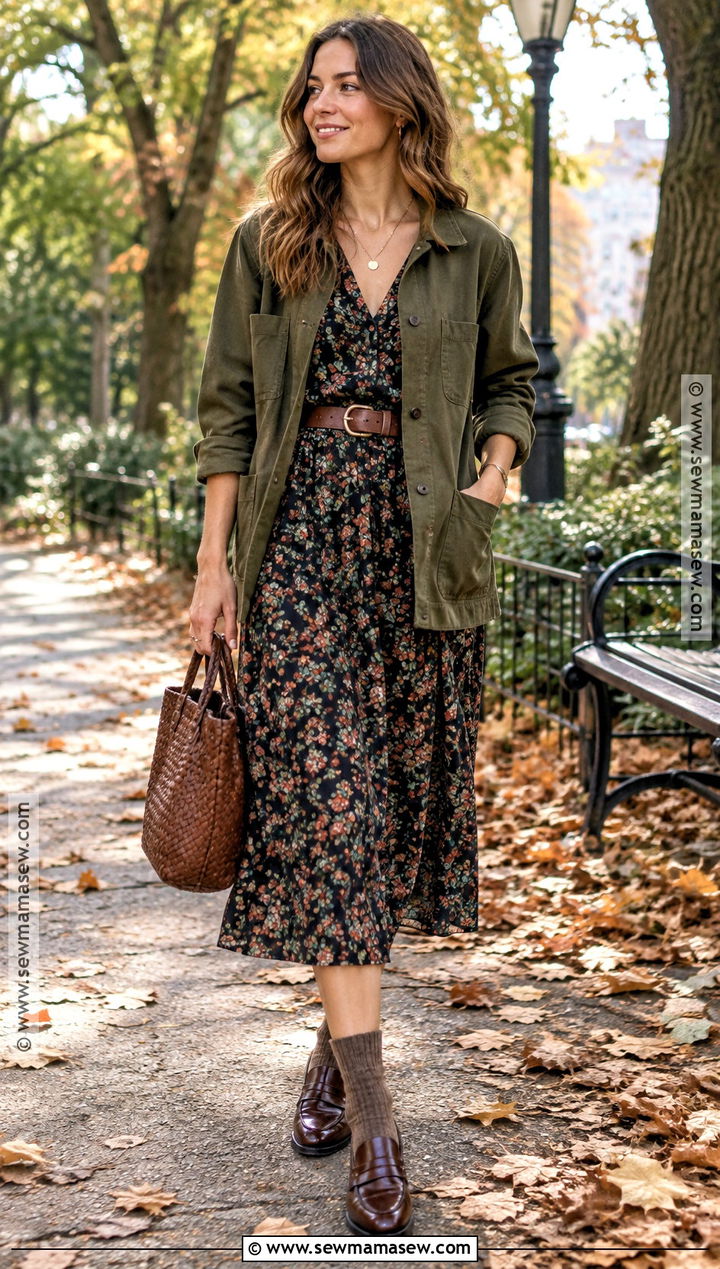 Floral Midi Dress And Brown Loafers - 15 fall outfits 2026 loafers