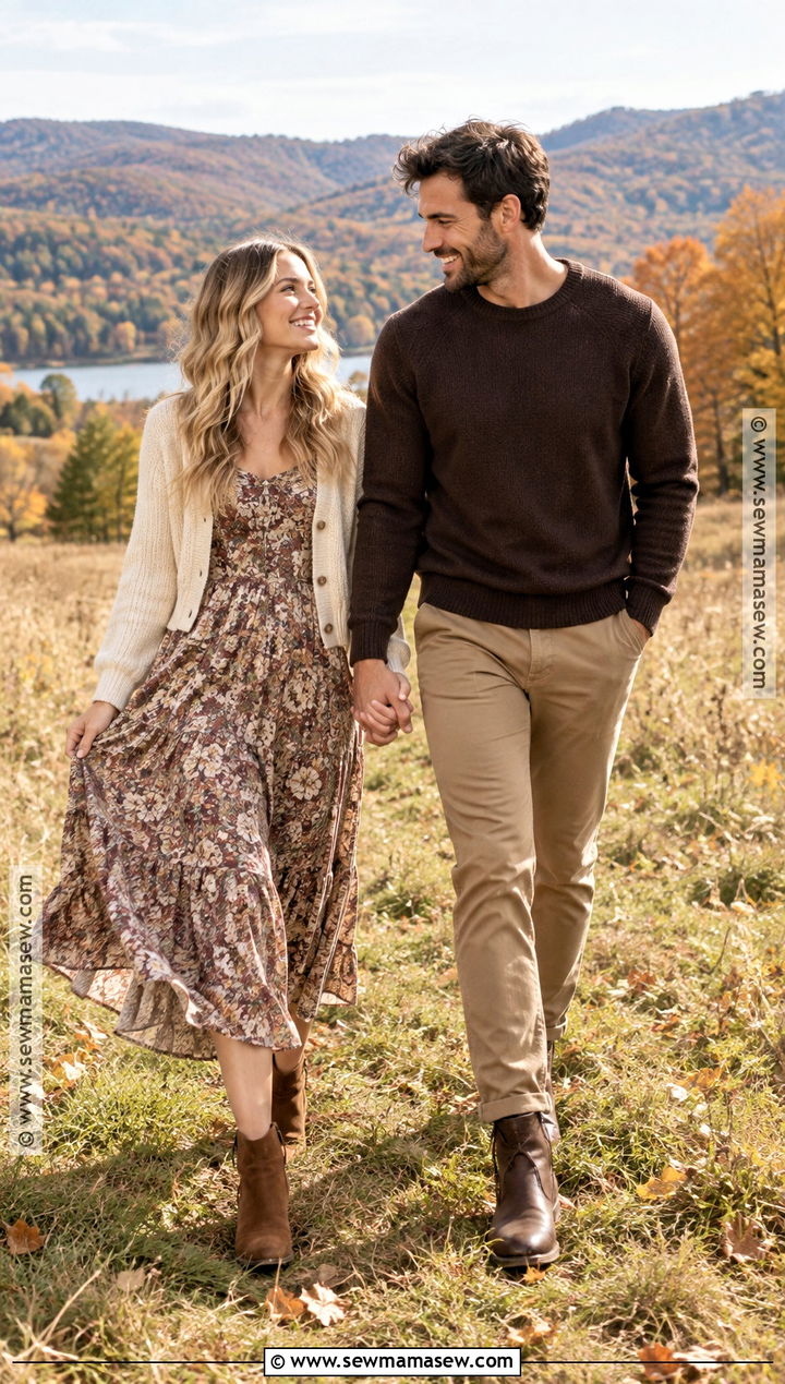 Floral Midi Dress And Brown Sweater Fall Couple Photo Outfit - 20 fall couple photos outfits