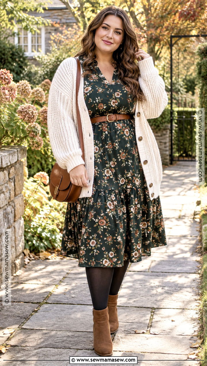 Floral Midi Dress And Cardigan Autumn Outfit - 20 Outfit Ideas Autumn Aesthetic
