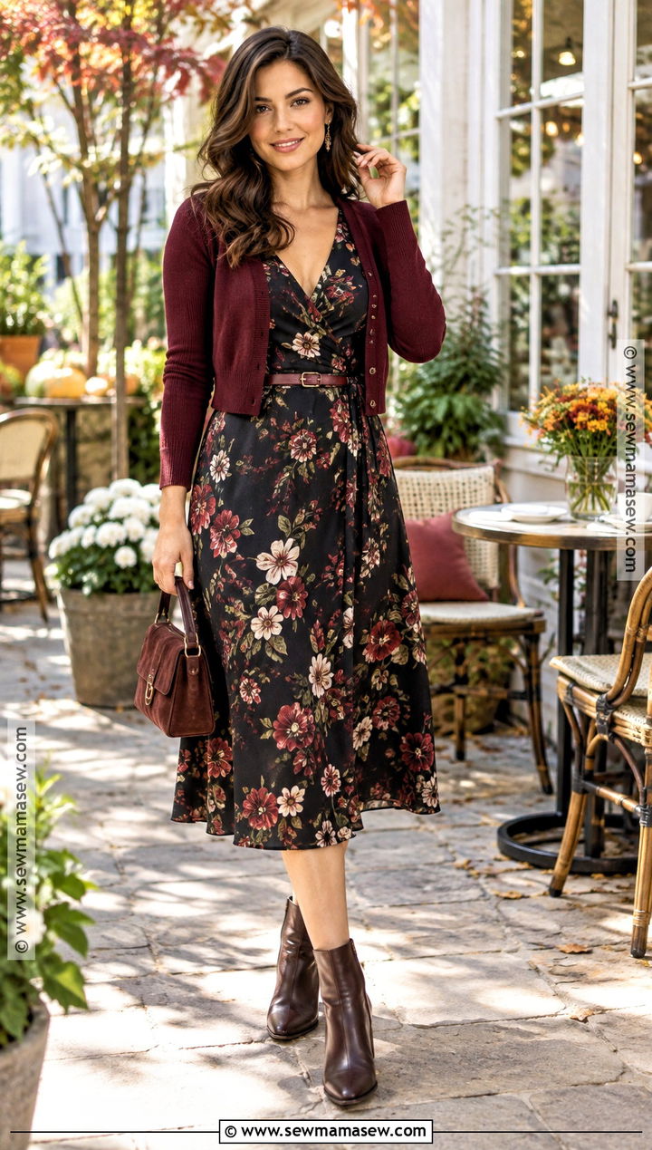 Floral Midi Dress And Cardigan Birthday Outfit - 25 cute fall birthday outfits