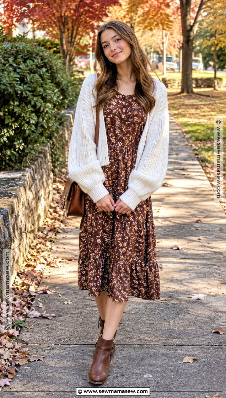 Floral Midi Dress And Cardigan Church Outfit - 20 Cute Fall Church Outfits for Teens