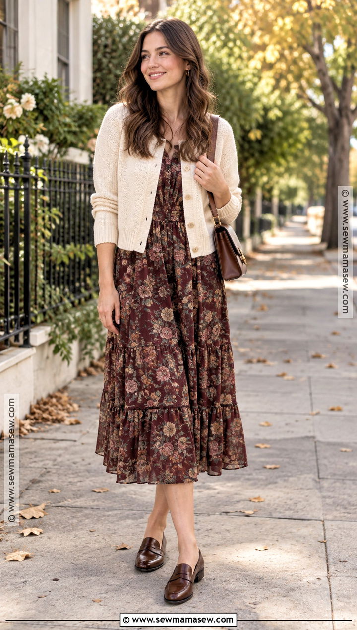 Floral Midi Dress And Cardigan Church Outfit - 25 autumn church outfits