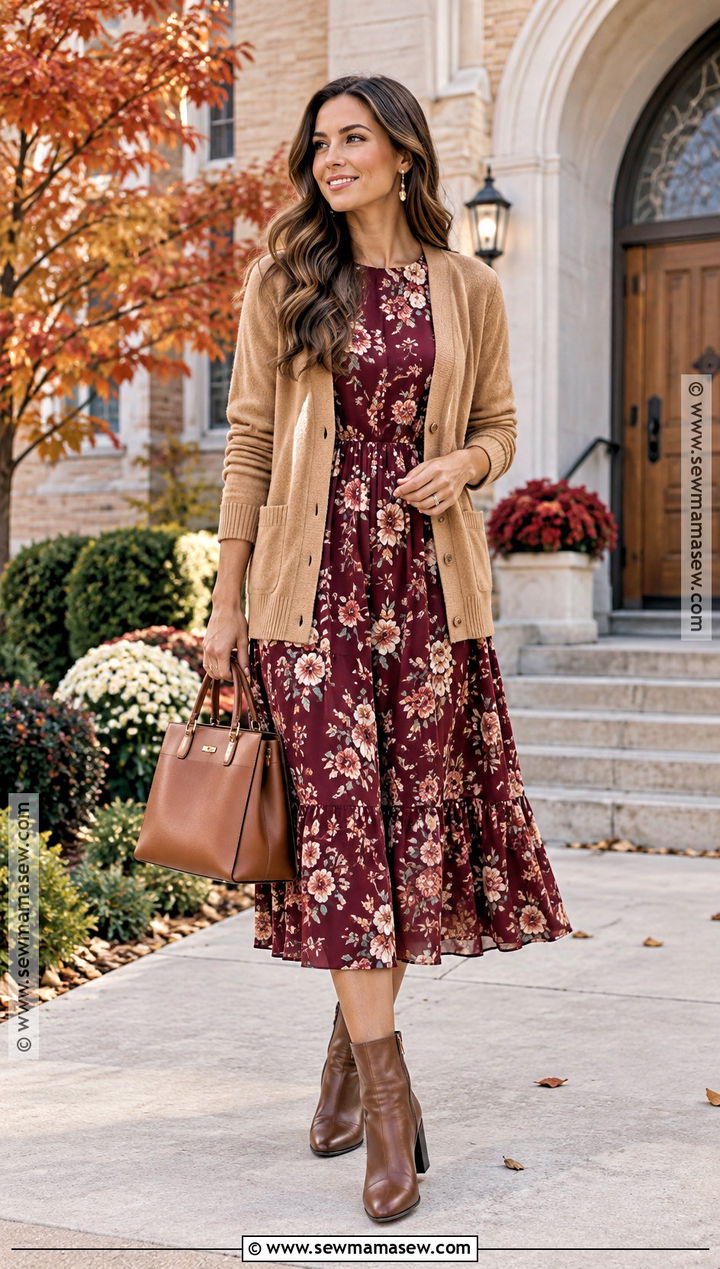 Floral Midi Dress And Cardigan Church Outfit - 15 Church Outfit Inspo For Fall Ideas