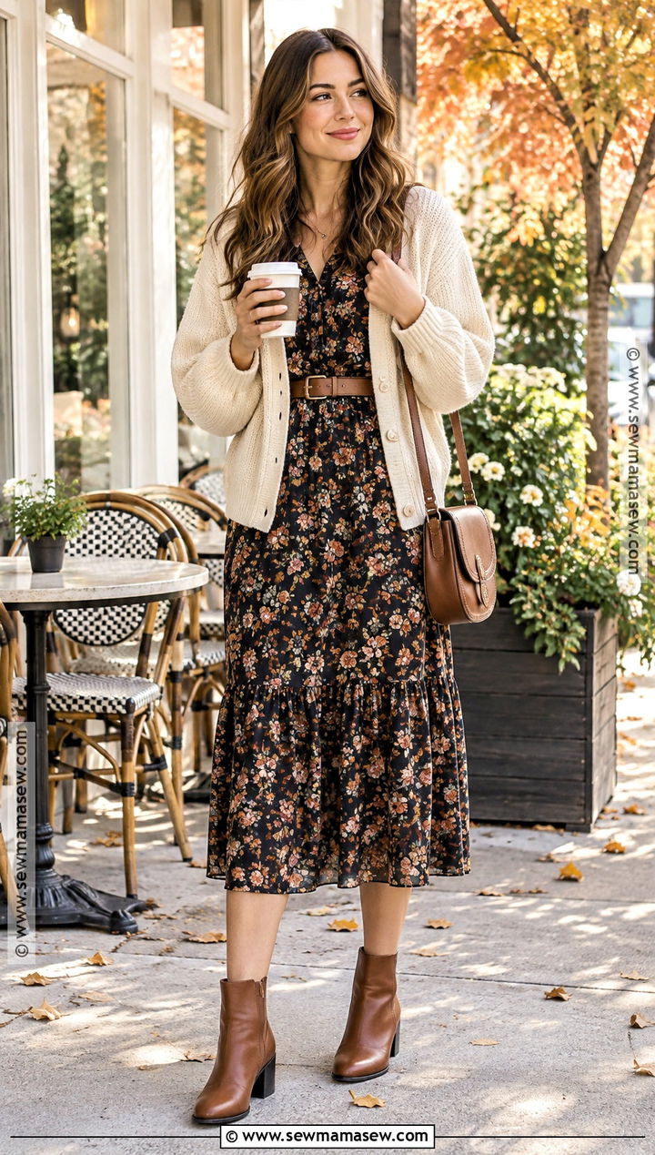 Floral Midi Dress And Cardigan Coffee Date Outfit - 15 coffee date fall outfit ideas