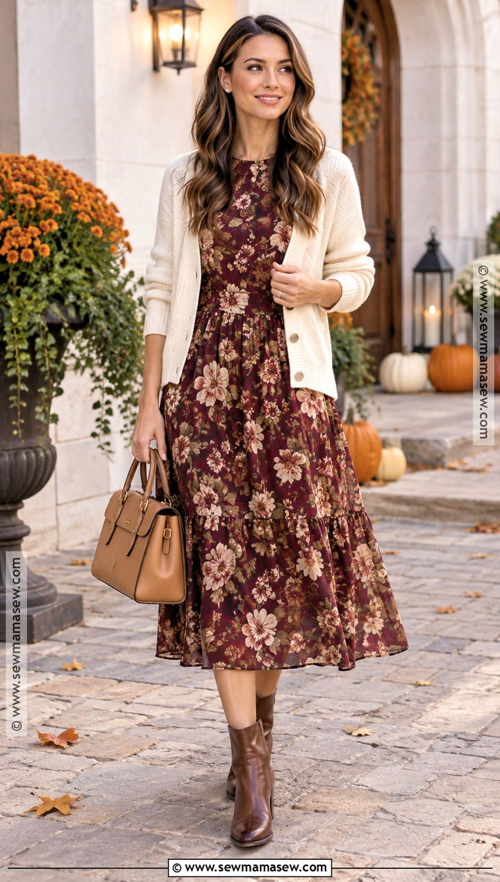 Floral Midi Dress And Cardigan Fall Church Outfit - 20 modest fall outfits church