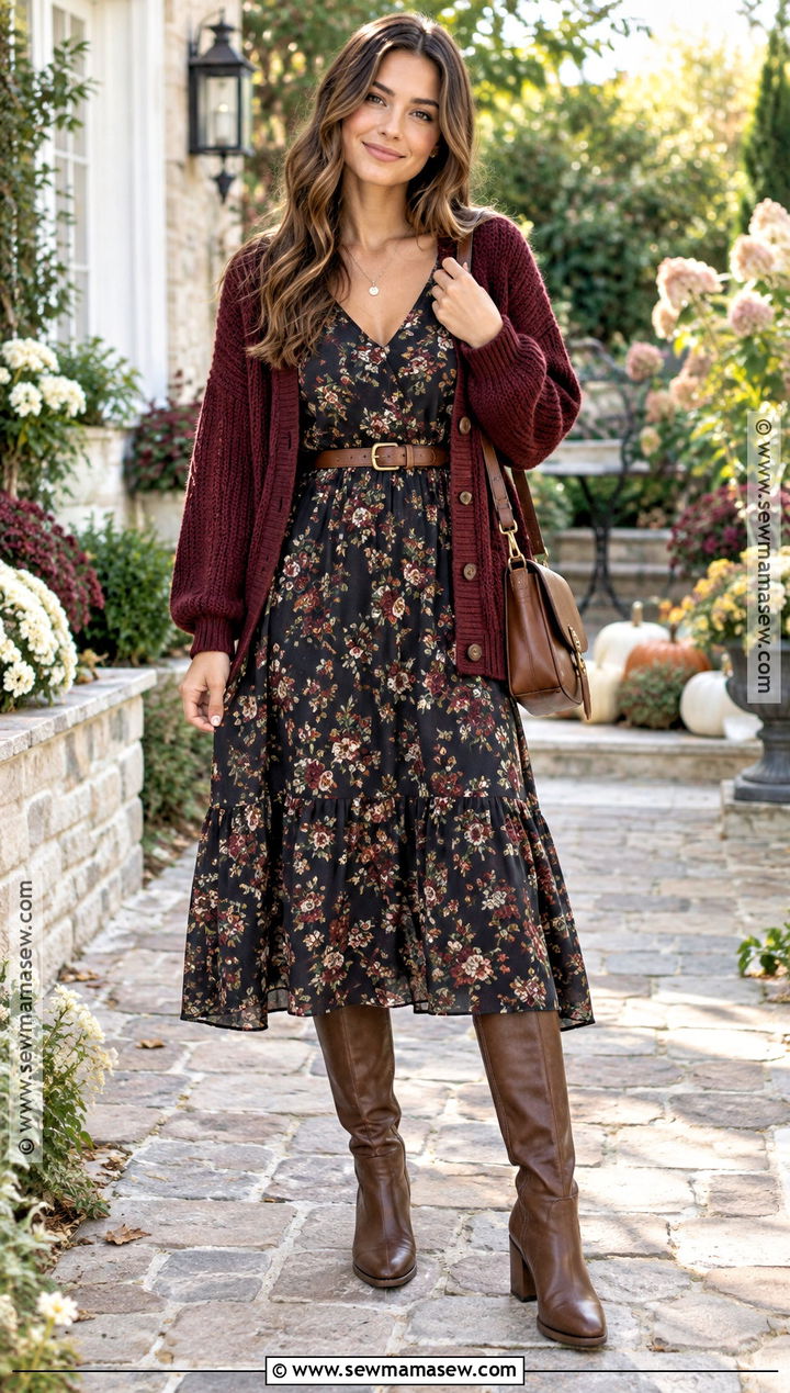 Floral Midi Dress And Cardigan Fall Outfit - 20 nice fall outfits