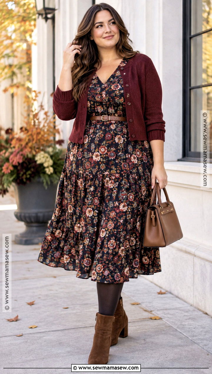 Floral Midi Dress And Cardigan Fall Outfit - 20 pretty outfits fall