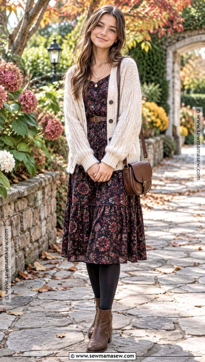 Floral Midi Dress And Cardigan Fall Outfit - 15 cute fall outfits for teens