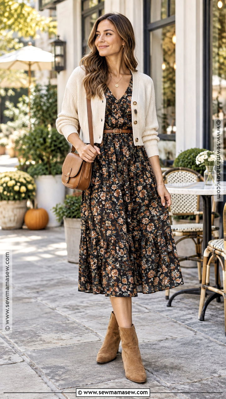 Floral Midi Dress And Cardigan Outfit - 20 transitional outfits summer to fall street style