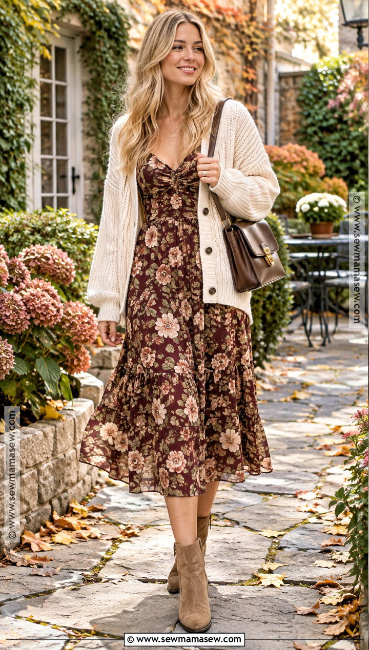 Floral Midi Dress And Cardigan Outfit - 20 blonde fall outfit ideas
