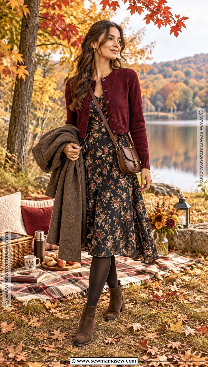 Floral Midi Dress And Cardigan Picnic Outfit - 25 autumn picnic outfit ideas