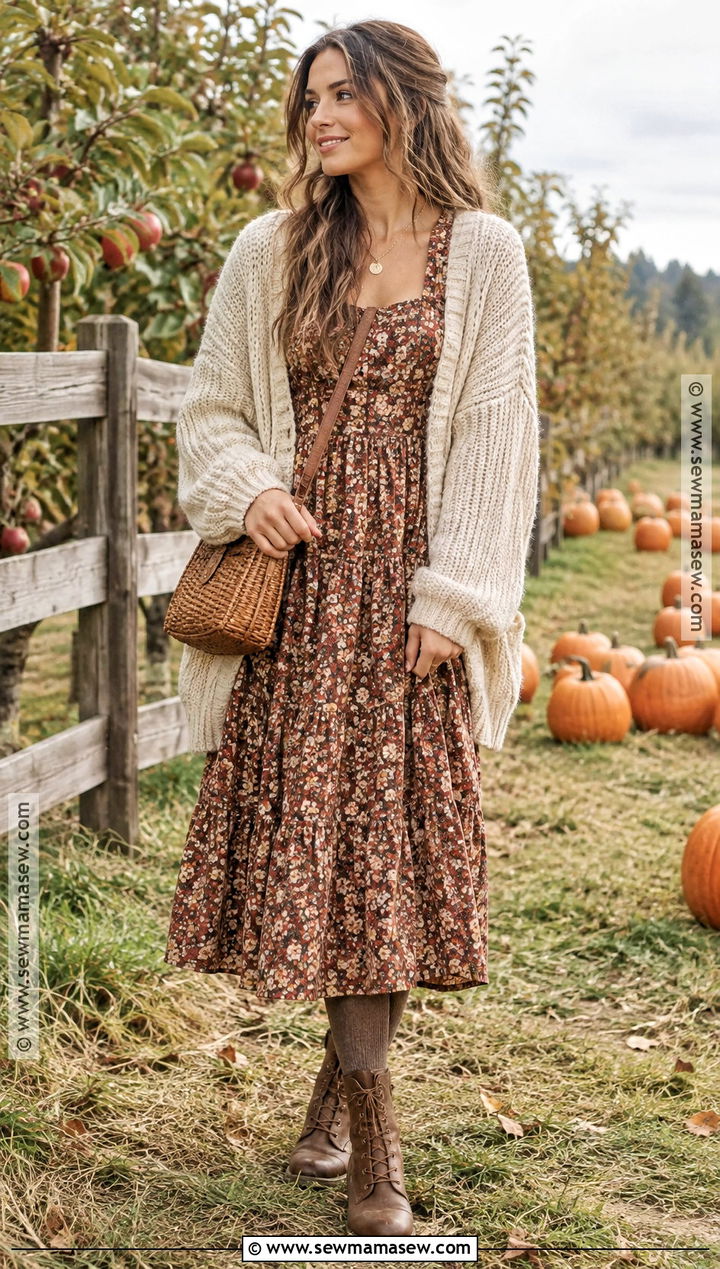 Floral Midi Dress And Cardigan Pumpkin Patch Outfit - 20 Pumpkin Patch Aesthetic Outfits