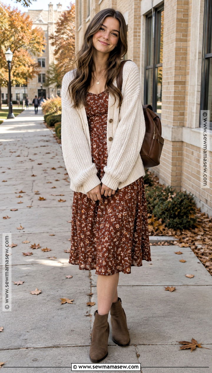 Floral Midi Dress And Cardigan School Outfit - 25 cute fall outfits for school